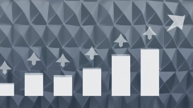 Abstract graphic of upward trending bar graph against a textured dark gray background of interlocking triangles
