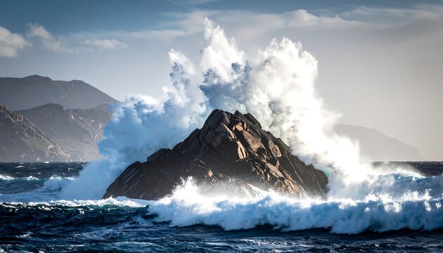 Powerful waves crashing against a rocky outcrop