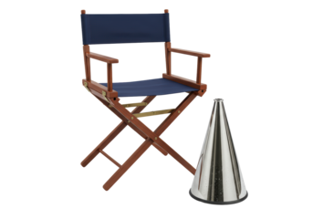 Isolated Wooden Director's Chair and Cheerleader Megaphone for Film, Cheerleading, Stage