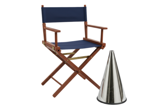 Isolated Wooden Director's Chair and Cheerleader Megaphone for Film, Cheerleading, Stage