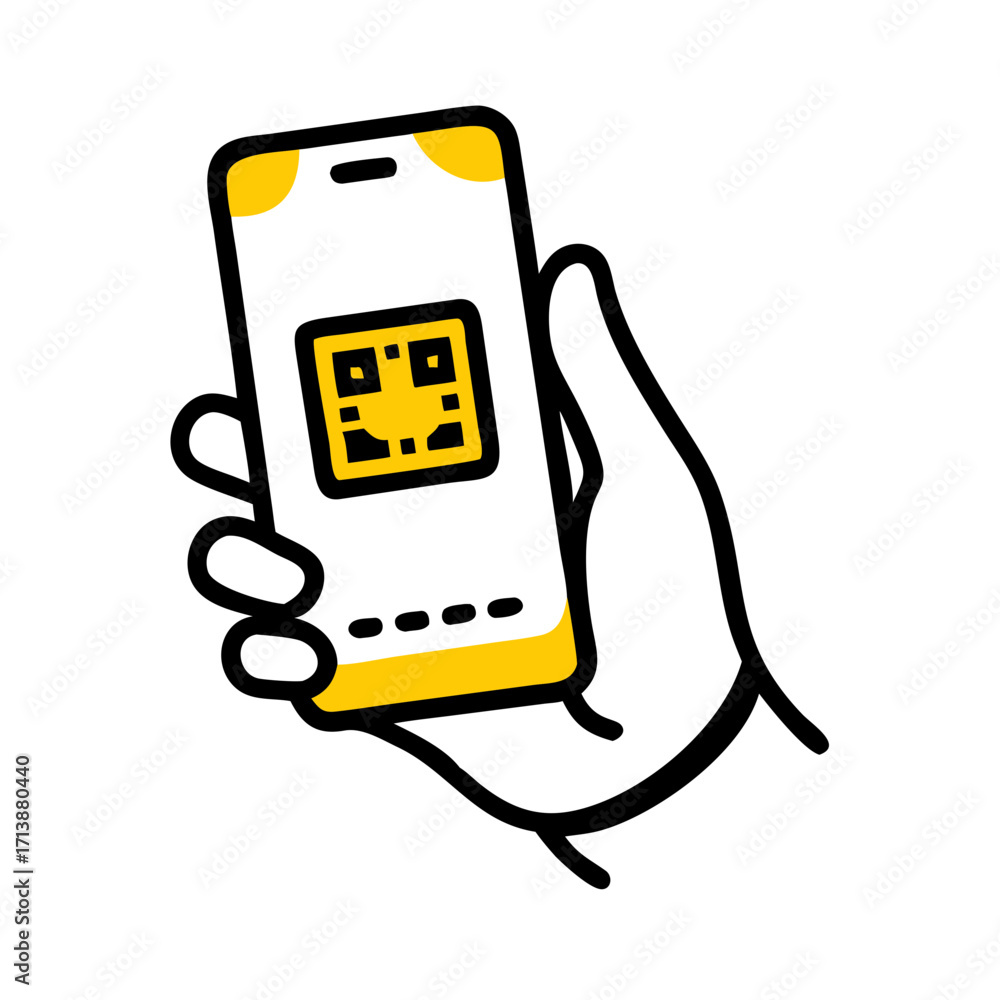 Poster hand holding smartphone qr code icon for web and graphic design