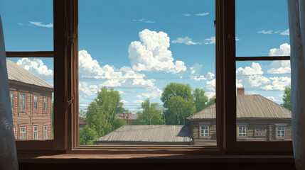 Obraz premium Window to the World: A view from inside, framed by a wooden window, reveals a serene cityscape beneath a vibrant blue sky filled with puffy clouds.