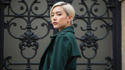 Elegant woman with short blonde hair wearing green coat, standing confidently against ornate black gate, exuding sophistication and style