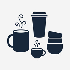 The flat design concept for a collection of coffee cups and mugs silhouettes focuses on simplicity, elegance, and ease of recognition.