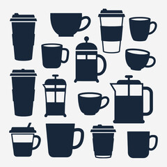 The flat design concept for a collection of coffee cups and mugs silhouettes focuses on simplicity, elegance, and ease of recognition.