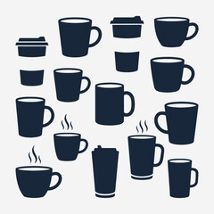 The flat design concept for a collection of coffee cups and mugs silhouettes focuses on simplicity, elegance, and ease of recognition.