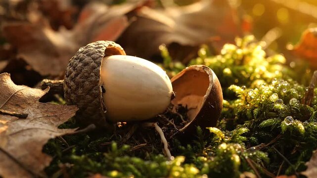 Close up of an acorn on the forest floor with moss and leaves.