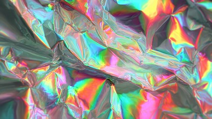 Crinkled foil displays rainbow iridescence across texture, reflecting light beautifully
