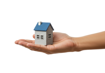 Isolated hand holding a miniature house, concept of property, new home, insurance, mortgage
