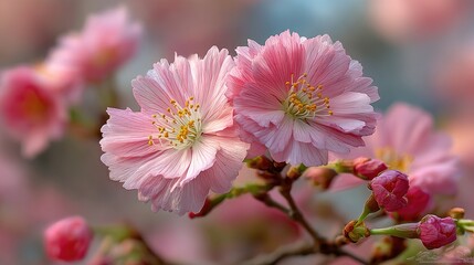 Two delicate, light pink blossoms in full bloom, adorned with golden stamens, on a branch with unopened buds, set against a soft-focus background of similar blooms