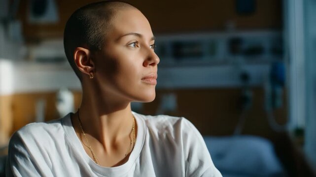 Confident young caucasian female with buzz cut in sunlit room