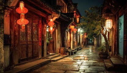 Fototapeta premium Night alley in ancient Chinese town, lit by lanterns