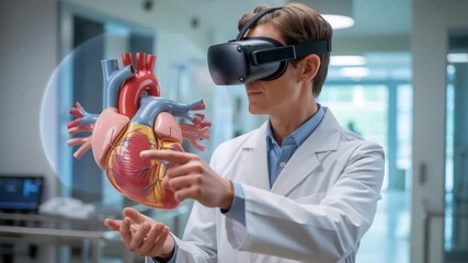 Doctor using VR to examine heart model in modern hospital setting, exploring groundbreaking medical technology for enhanced diagnostics and treatment planning - Powered by Adobe