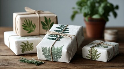 Eco-friendly fabric-wrapped gifts with botanical prints on wooden table surface. concept of eco-friendly holidays