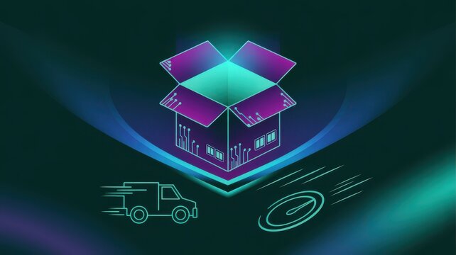 Futuristic digital delivery box with speed and logistics icons