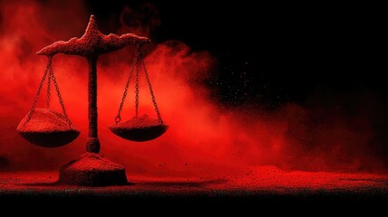 A red-powder-coated scales of justice sits against a dark background engulfed in a red smoke cloud