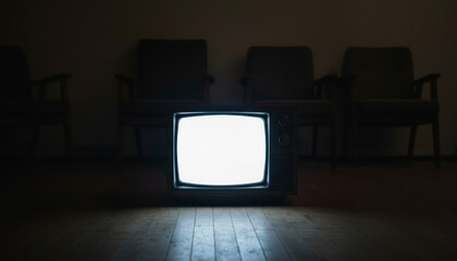 An old vintage television with a blank, white, glowing screen sits on a wooden floor in a dark room. Empty chairs are visible in the background, heightening the sense of anticipation or emptiness