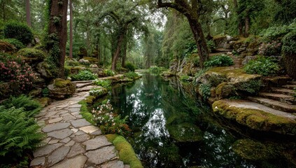 Obraz premium Serene stone path alongside a tranquil, moss-covered pond in a lush, green forest