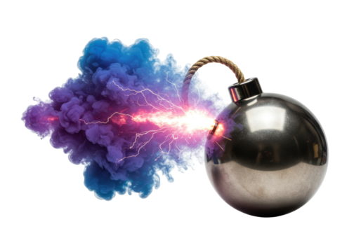 Isolated lit bomb with smoke and electrical discharge on white, fuse igniting concept
