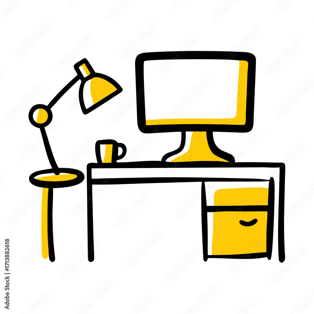 Poster office desk with lamp and computer icon for web and graphic design