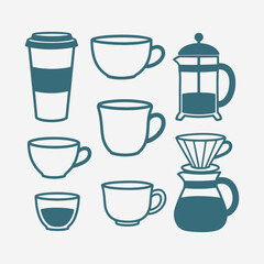 The flat design concept for a collection of coffee cups and mugs silhouettes focuses on simplicity, elegance, and ease of recognition.