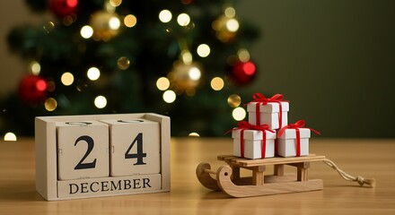 wrapped gifts and christmas tree with decoration Christmas eve time concept | Date 24 December on calendar Christmas gifts lying under decorated