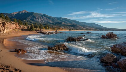 Sunny lake shore with mountains