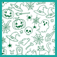 Halloween themed pattern with pumpkins hats spiders and ghosts.