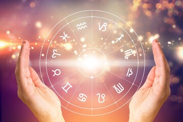 Zodiac signs with  astrology and horoscopes concept in human hands