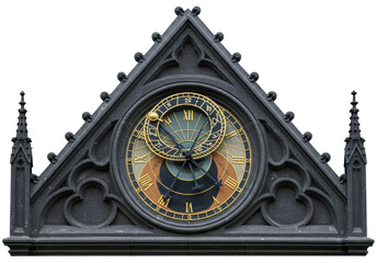 Isolated astronomical clock with gothic triangle top, against a clear sky backdrop in Prague