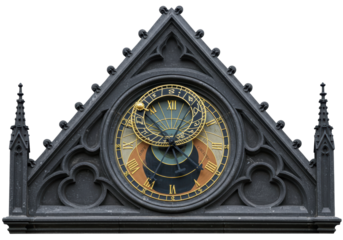 Isolated astronomical clock with gothic triangle top, against a clear sky backdrop in Prague