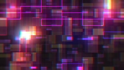 Abstract digital glitch background with neon rectangles and pixelated grid glowing purple and - Powered by Adobe