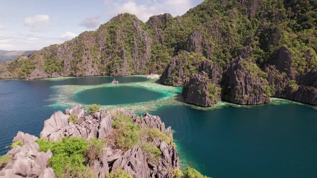 Aerial View of Twing Lagoon, Natural Landmark of Coron Island, Philippines, Drone Shot