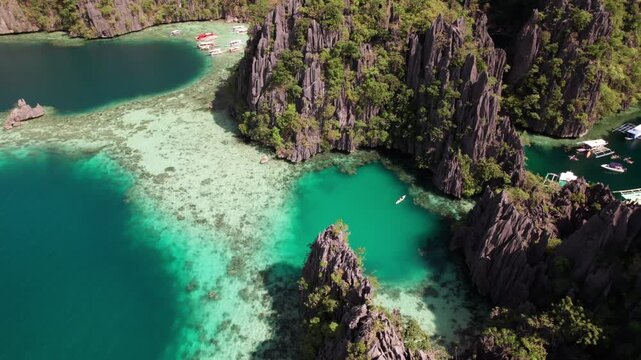 Aerial View of Twin Lagoon on Coast of Coron Island, Philippines, Tourist Attraction and Boats
