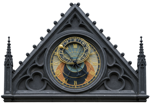 Isolated astronomical clock with gothic triangle top, against a clear sky backdrop in Prague