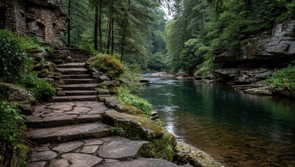 Fototapeta premium Stone steps descend to a calm river, nestled within a lush, green forest