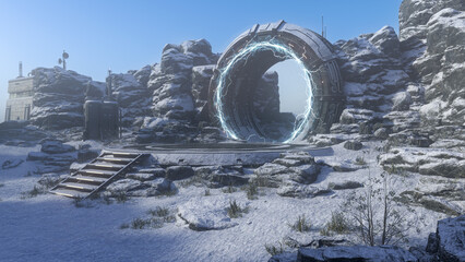 Science fiction fantasy portal in a rocky winter landscape. 3D render.