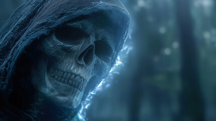 Terrifying Ghoul with Skeletal Face Lurking in Mysterious Forest Environment