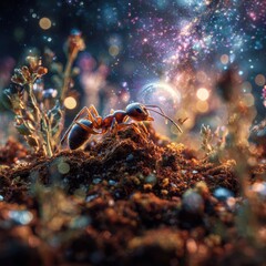 Macro View of Ant on Earth Mound with Cosmic Bokeh Effect.
