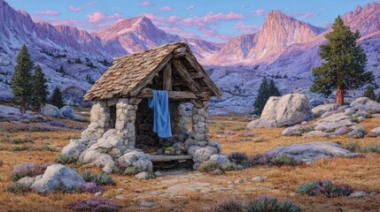 Rustic stone shelter nestled in a high-altitude meadow, bathed in the soft light of dawn, majestic mountain peaks form a dramatic backdrop