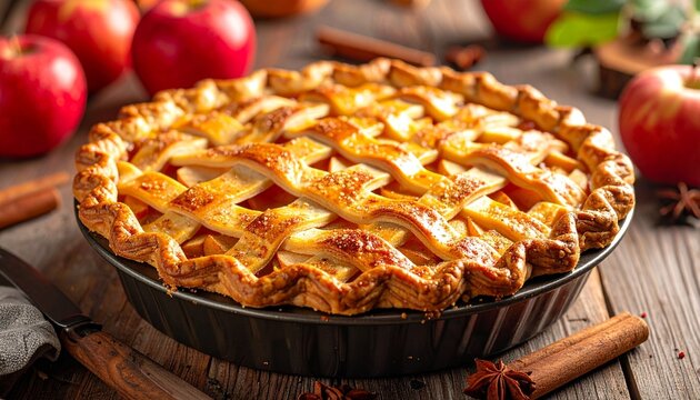 Golden-brown lattice apple pie in black tin, surrounded by red apples, cinnamon sticks, and star anise on rustic wood — autumnal warmth, crafted tradition, symbolic comfort.