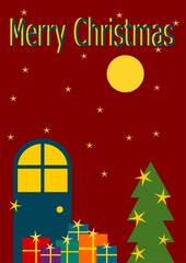 Festive Christmas scene with colorful gift boxes, decorated tree, cozy house window and starry night sky in minimalist flat design style"