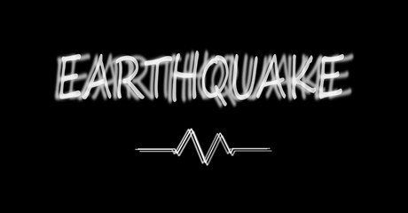 Earthquake text with seismic wave symbol on black background, modern typography design.