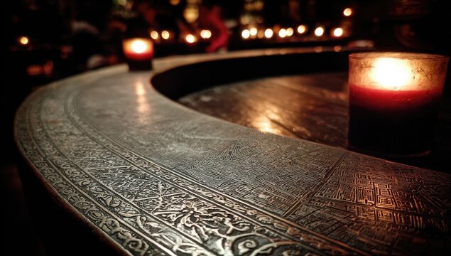 Round metal table, ornate edge, lit candles - Powered by Adobe