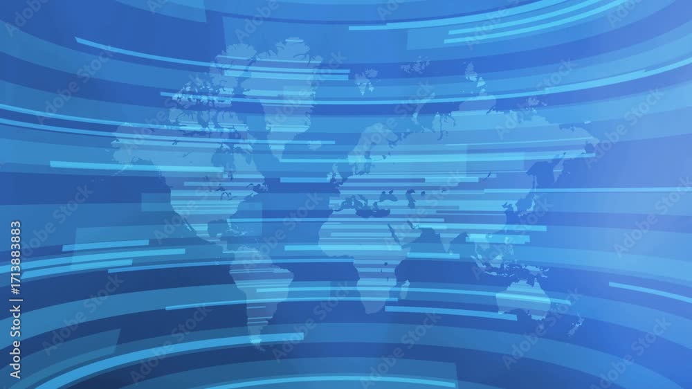 Poster blue loopable digital world map with dynamic line elements in motion, news, global business network 