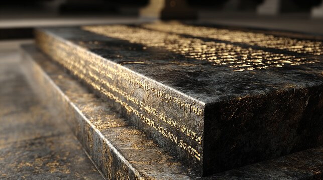 Close-up of a weathered, dark stone monument.  Golden, ancient-looking text is etched into its surface.  The stone's edge and texture are detailed