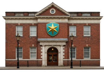 Isolated brick building with shield emblem, traditional architecture and lampposts outdoors