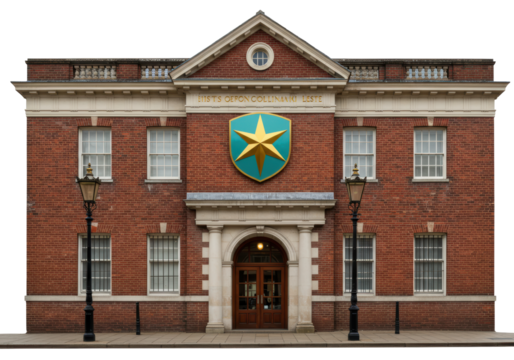 Isolated brick building with shield emblem, traditional architecture and lampposts outdoors