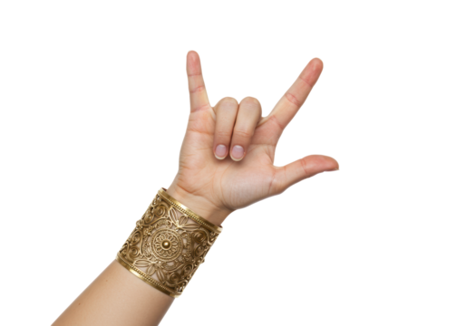 Isolated Hand gesture, horned fingers, metal cuff bracelet, hand jewelry, stylish ornament