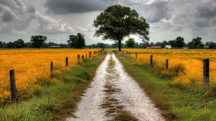 A gravel road bisects a field of vibrant yellow wildflowers, leading towards a solitary tree under a brooding, gray sky. Farm buildings are visible in the distance